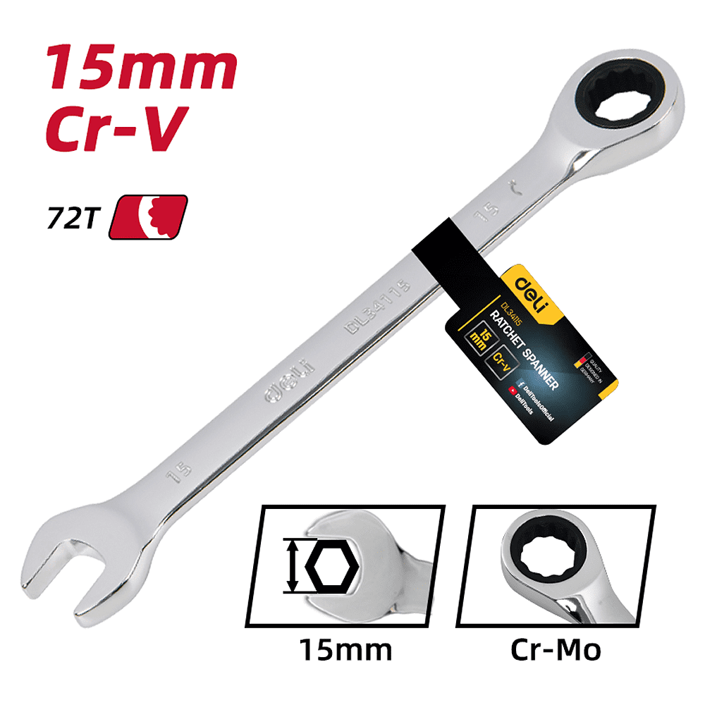 Ключ комбинированный Deli YS EDL34115, 15 мм, с трещоткой, 72 зуба - 6