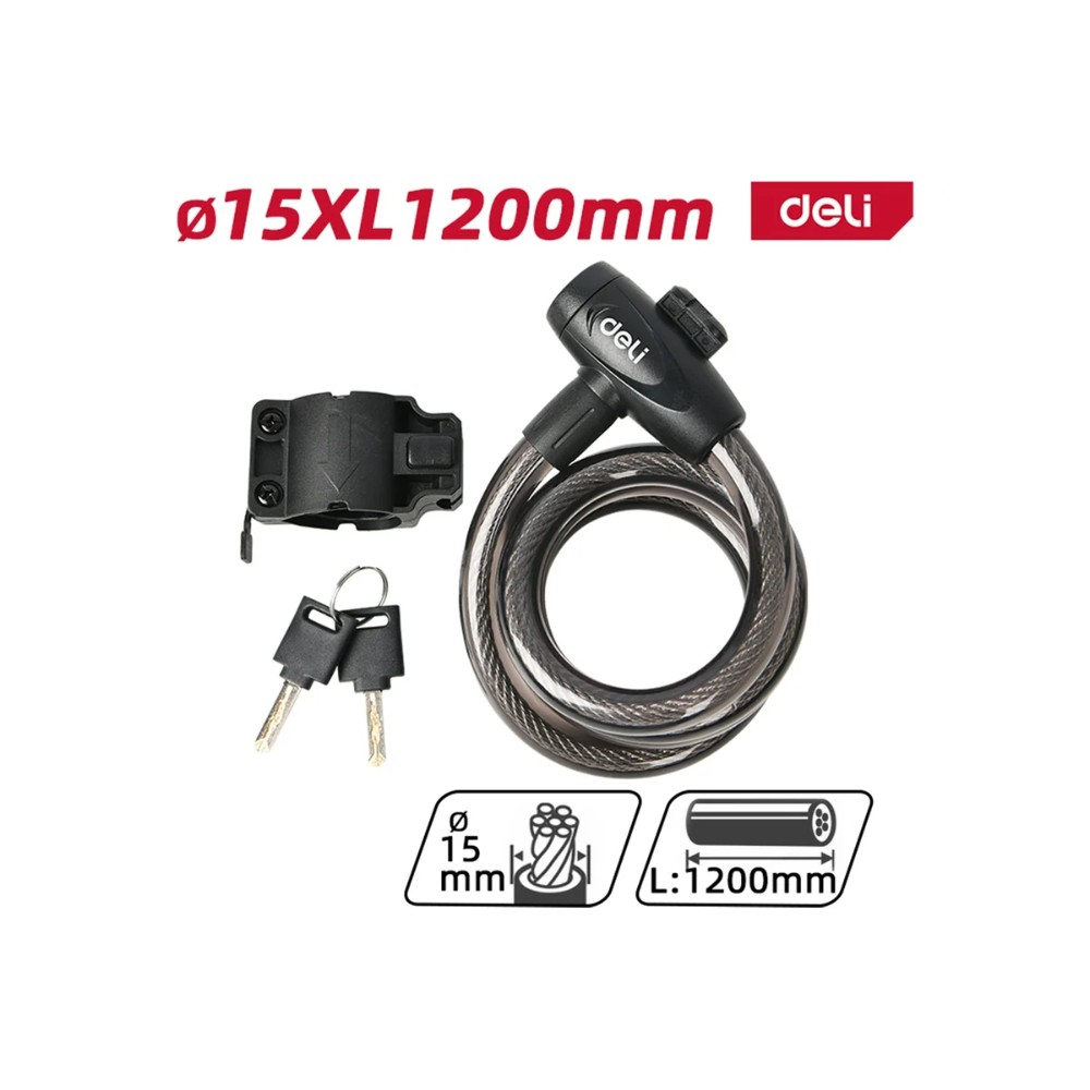 Замок тросовый велосипедный Deli YS EDL508063, 15х1200мм, ключи 2 шт - 2