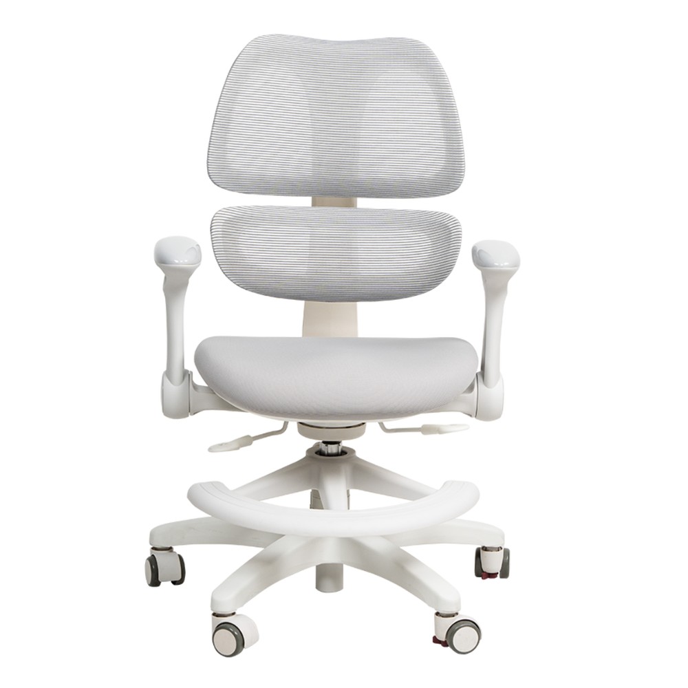 Кресло детское Ergosmart Antey, ткань, пластик, корпус белый, подставка для ног, с чехлом розовым, серый