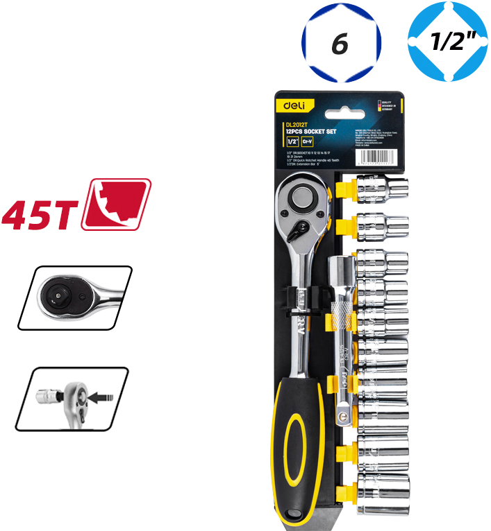Набор торцевых ключей Deli "EDL2012T", 12 предметов, 10-24 мм, желтый, серебристый - 2