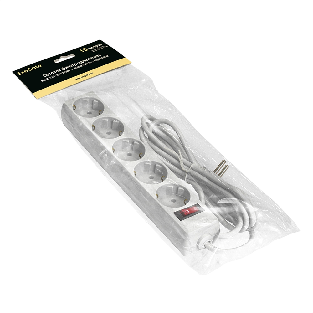 Сетевой фильтр ExeGate SP-5-10W, EX279182RUS, 5 розеток, 10 м, белый
