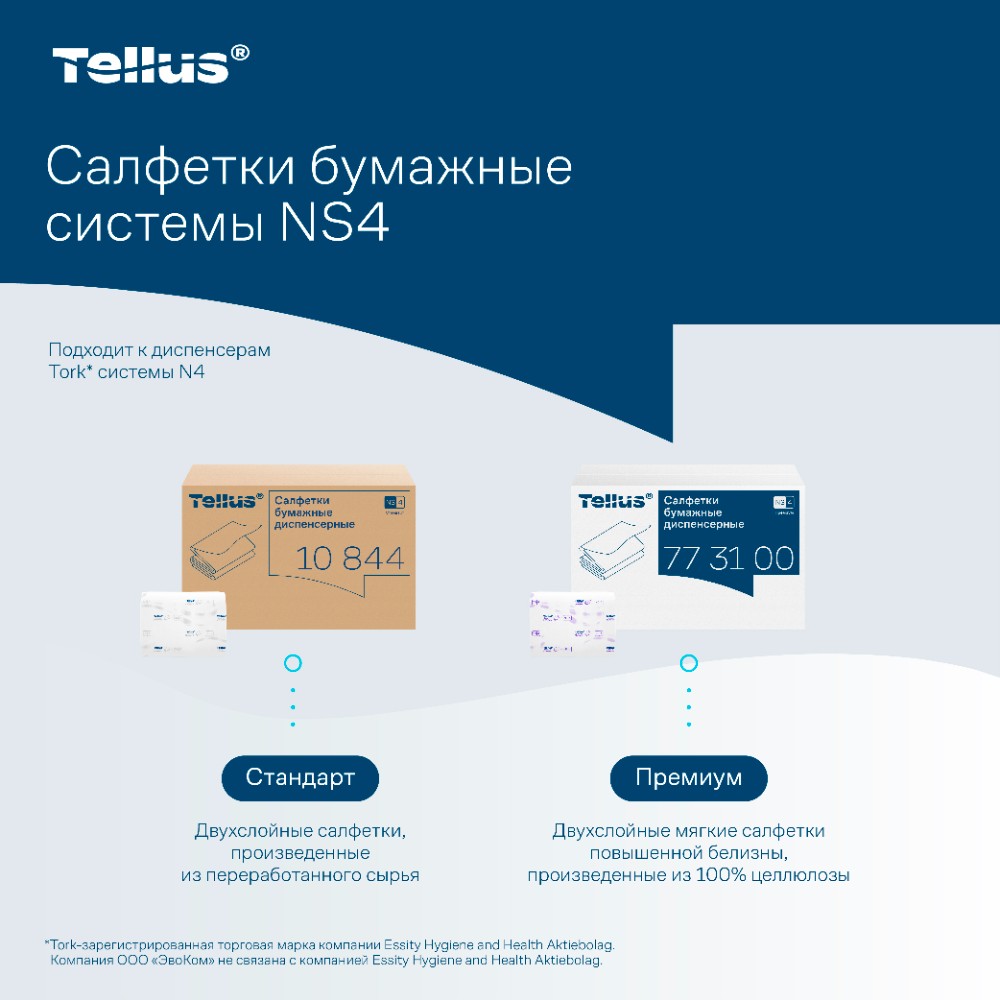 Салфетки Tellus Стандарт NS4, для диспенсера, 200 листов, 2 слоя, белый - 12
