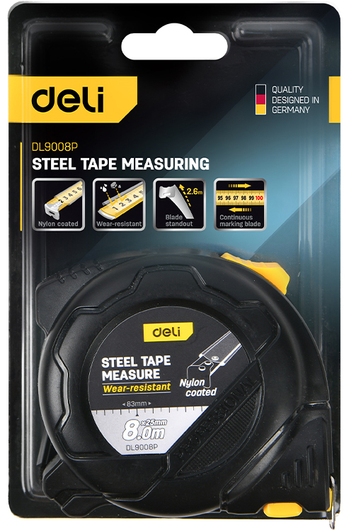 Рулетка "Deli 9008P" 8 м, черный, желтый - 3