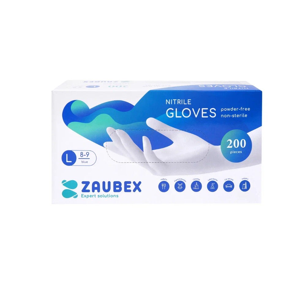 Перчатки нитриловые неопудренные Zaubex, голубой 