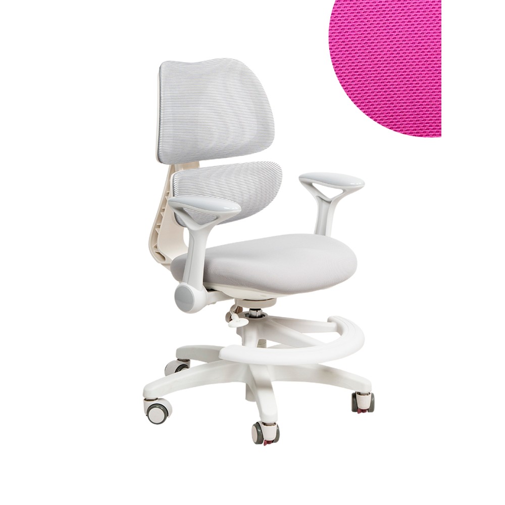 Кресло детское Ergosmart Antey, ткань, пластик, корпус белый, подставка для ног, с чехлом розовым, серый - 2