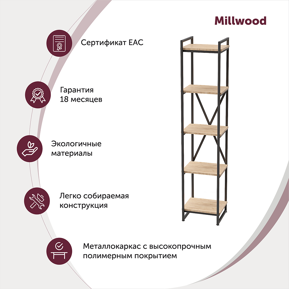 Стеллаж "Loft CH-2", 400х350х1820 мм, черный, табачный крафт - 2