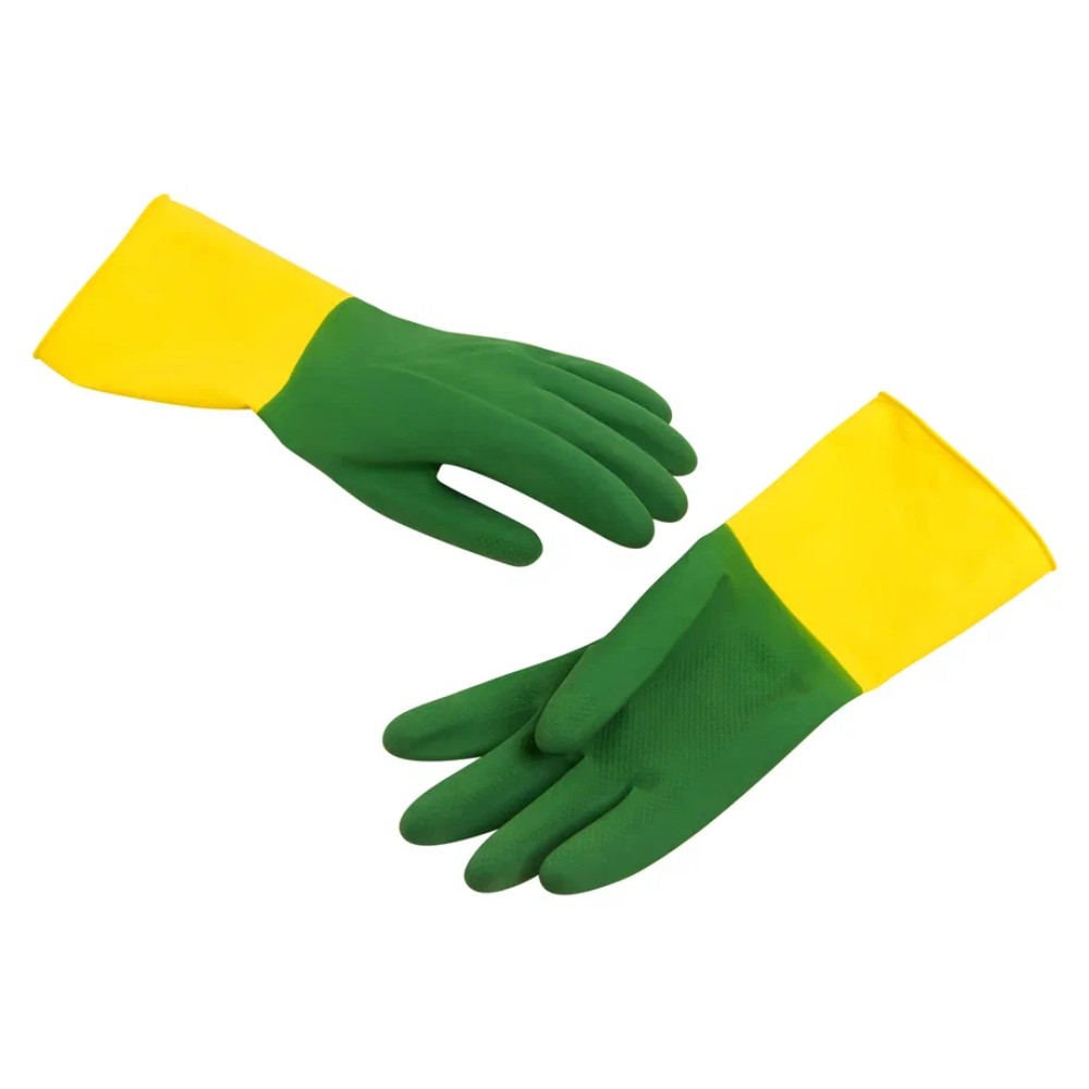 Перчатки латексные хозяйственные Zaubex БИКОЛОР, усиленные, р-р L, зеленый, желтый