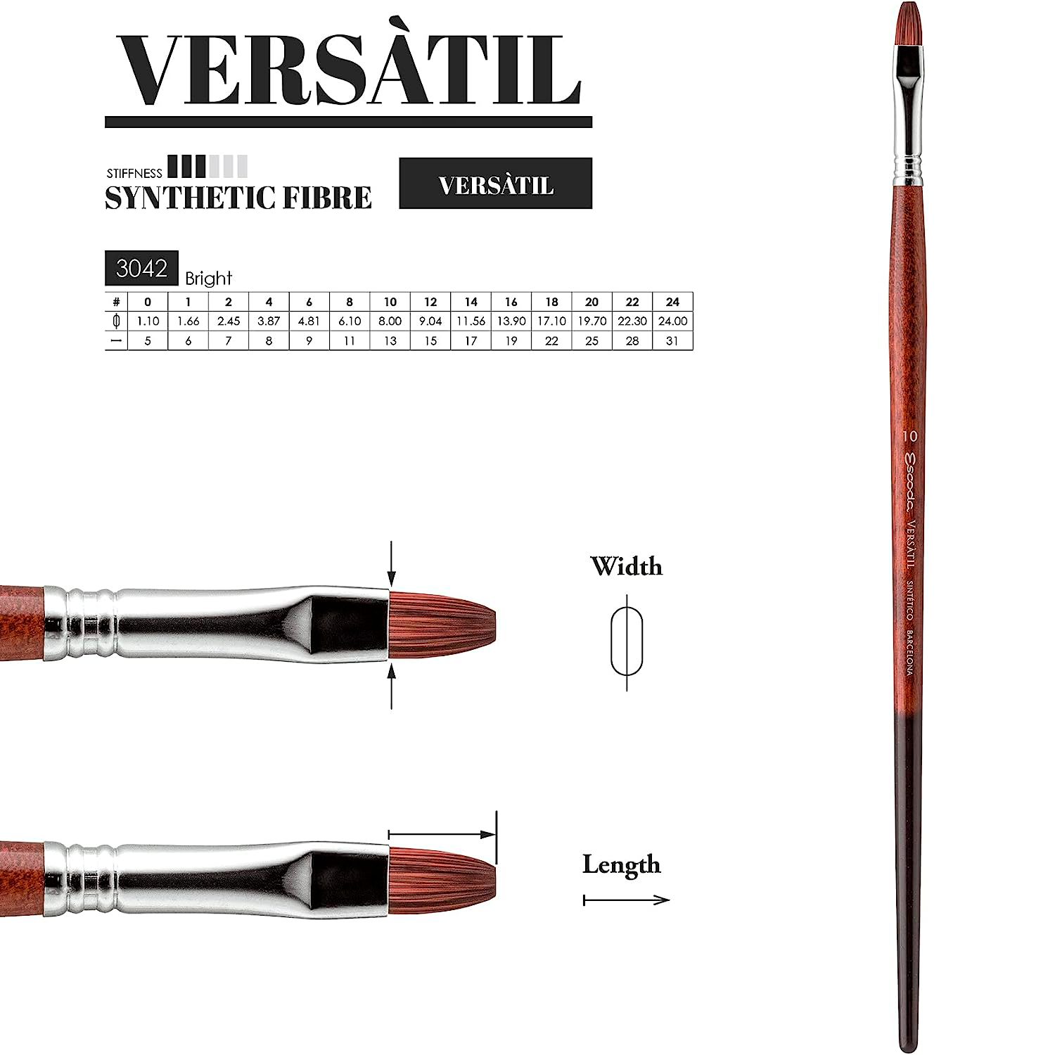 Кисть "Escoda Versatil Brush L/H", синтетика, темно-коричневый, плоская, №0 - 3